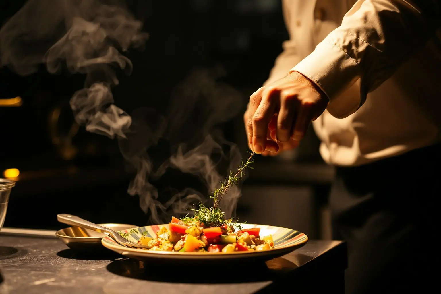 Listen to Baljit — chef's hands finishing a plate with micro herbs, steam rising