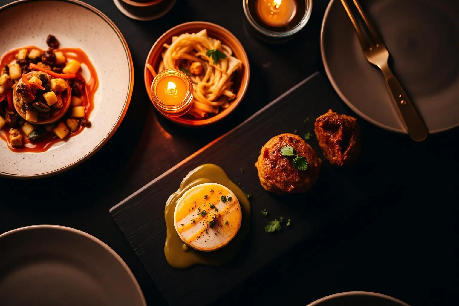 Listen to Baljit — modern Indian small-plates spread shot from above, candlelit
