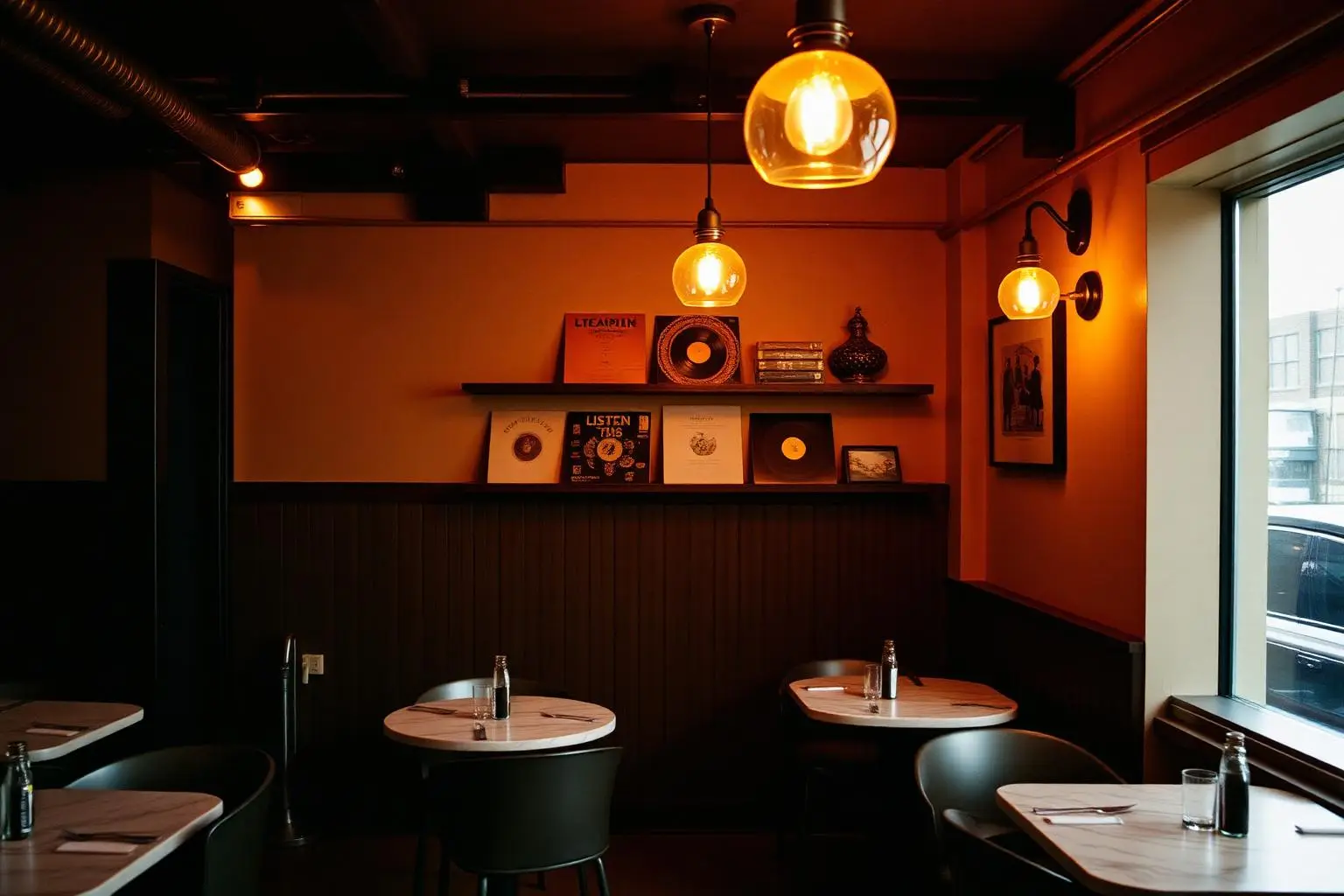 Listen to Baljit — intimate dining room on Solli plass with brass pendants, marble tables and vinyl on the shelves